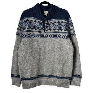 LL Bean Sweater Mens Large Tall Gray Blue Lambs Wool Fair Isle Nordic Winter